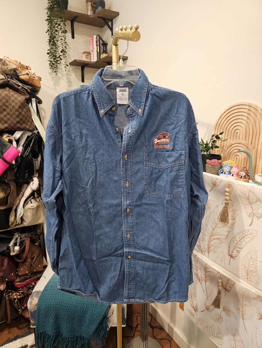 Vintage Oregon State Denim Button-Up Shirt with Old Embroidered Benny